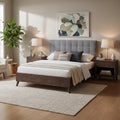 Mid-century Grey Upholstered Walnut Wood Platform Bed