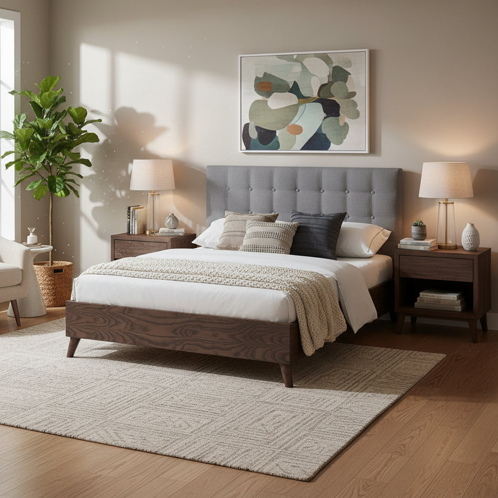Mid-century Grey Upholstered Walnut Wood Platform Bed