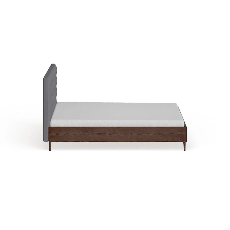Mid-century Grey Upholstered Walnut Wood Platform Bed