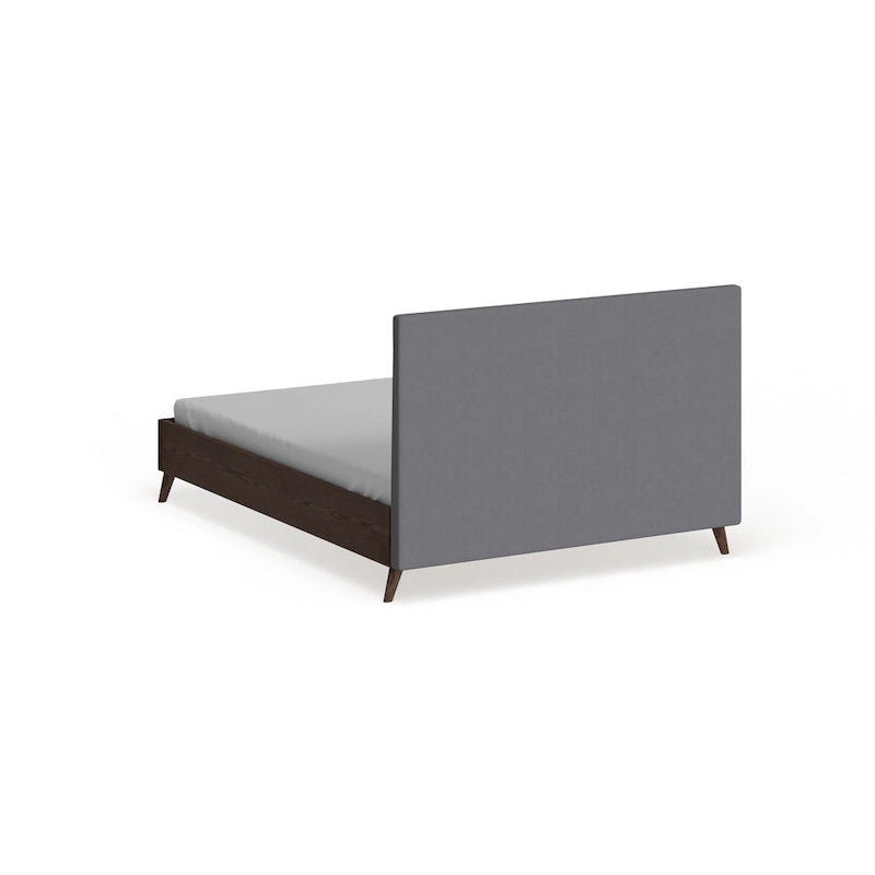 Mid-century Grey Upholstered Walnut Wood Platform Bed