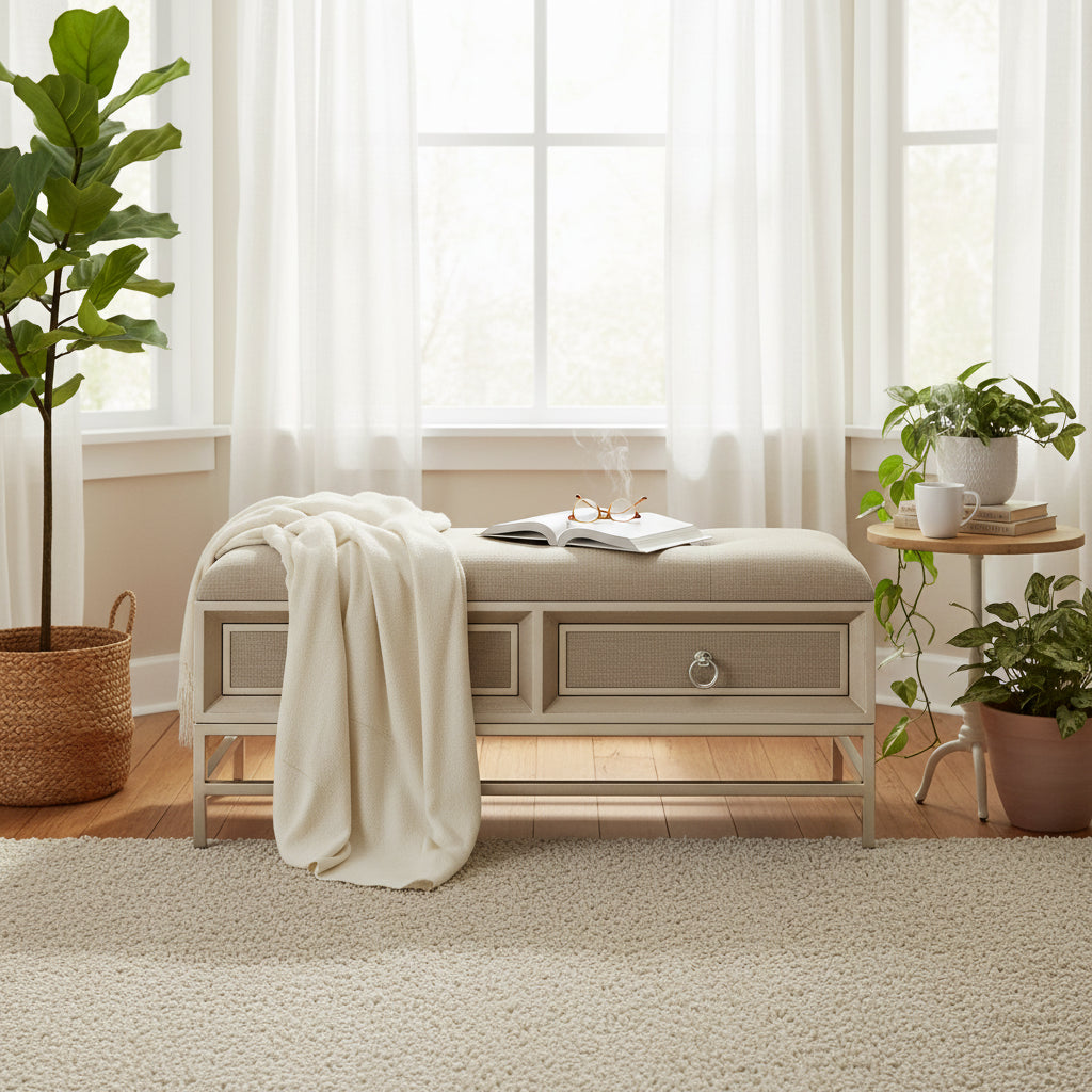 Linen Fabric Upholstered 2 Drawer Storage Bench with Tufted Seat and Ring Handles - Beige - Roche River Decor