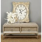 Linen-upholstered double-drawer storage bench with tufted seat and circular handles - beige