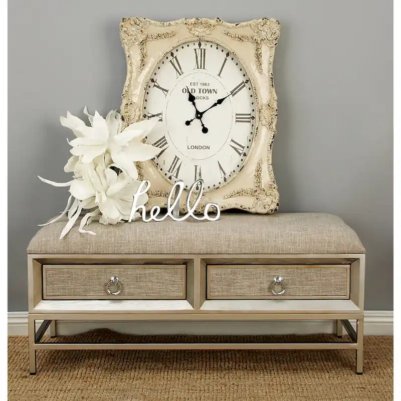 Linen-upholstered double-drawer storage bench with tufted seat and circular handles - beige