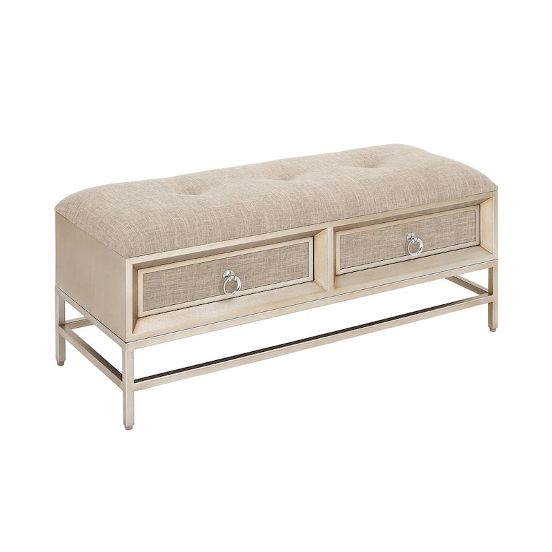 Linen-upholstered double-drawer storage bench with tufted seat and circular handles - beige