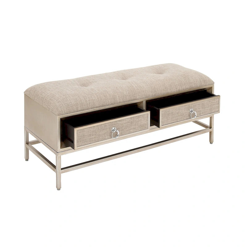 Linen-upholstered double-drawer storage bench with tufted seat and circular handles - beige