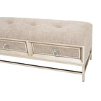 Linen-upholstered double-drawer storage bench with tufted seat and circular handles - beige
