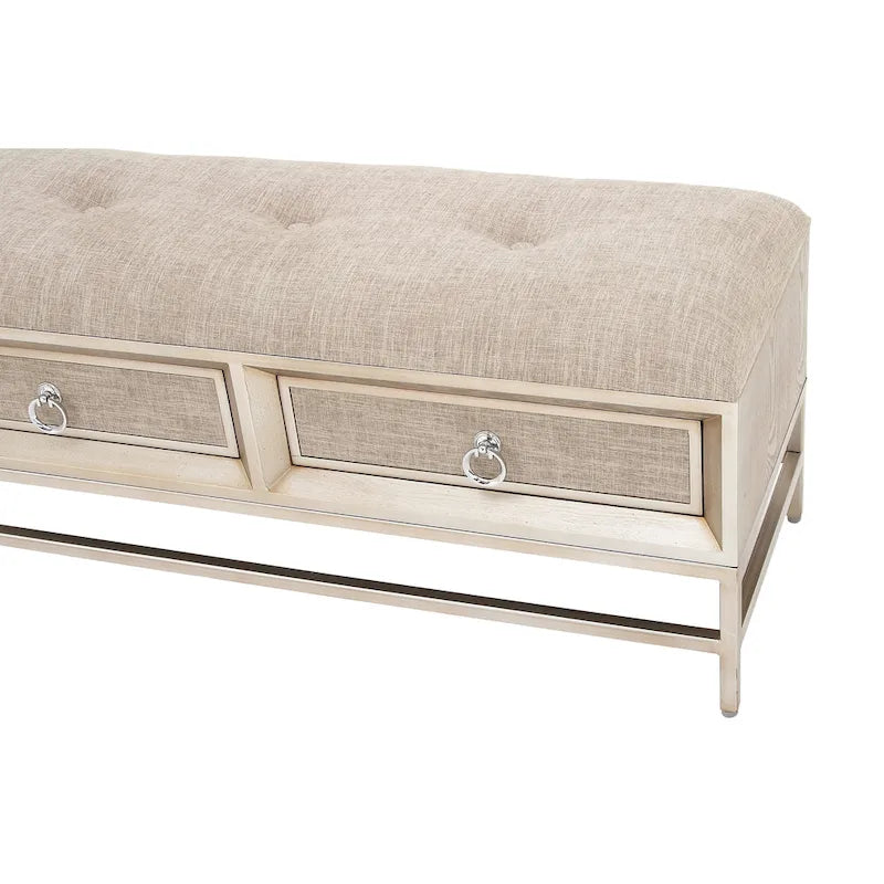 Linen-upholstered double-drawer storage bench with tufted seat and circular handles - beige