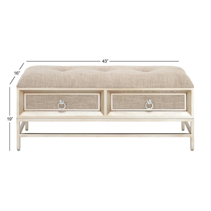 Linen-upholstered double-drawer storage bench with tufted seat and circular handles - beige