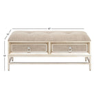 Linen-upholstered double-drawer storage bench with tufted seat and circular handles - beige