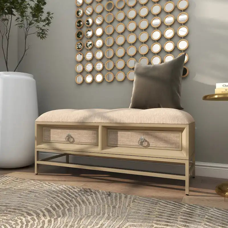 Linen-upholstered double-drawer storage bench with tufted seat and circular handles - beige