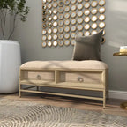 Linen-upholstered double-drawer storage bench with tufted seat and circular handles - beige