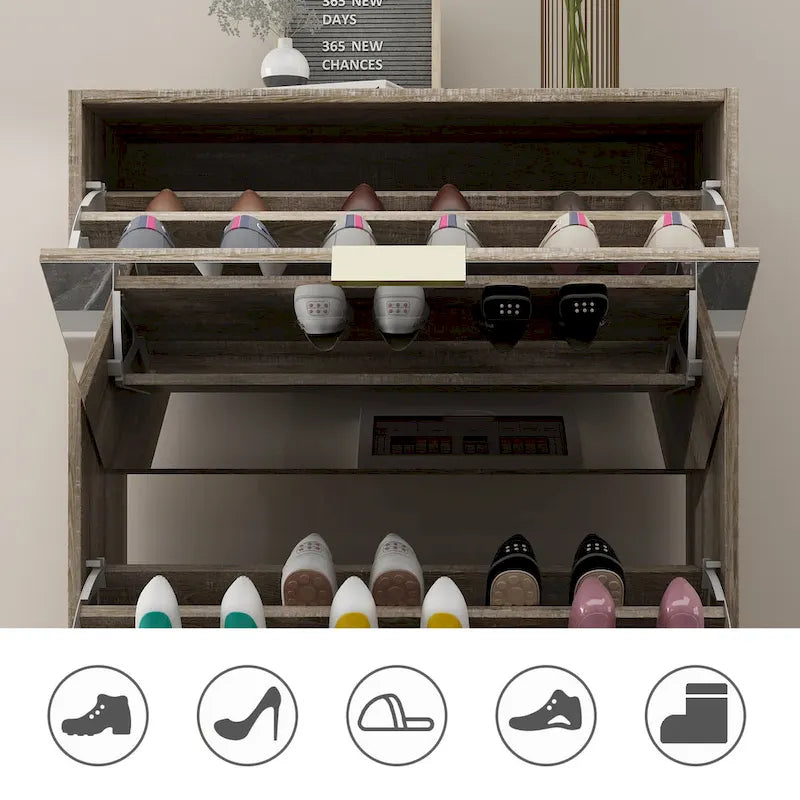 Meuble à chaussures étroit sur pied avec 3 tiroirs basculants à miroir