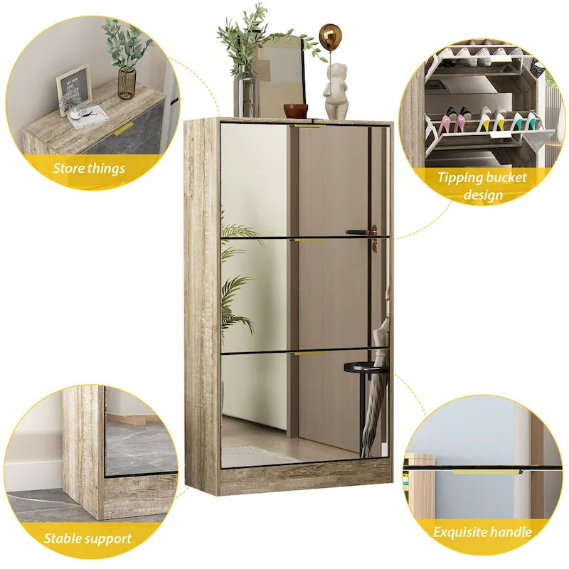 Meuble à chaussures étroit sur pied avec 3 tiroirs basculants à miroir