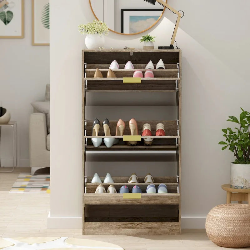 Meuble à chaussures étroit sur pied avec 3 tiroirs basculants à miroir