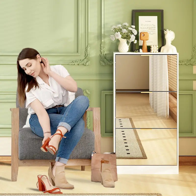 Meuble à chaussures étroit sur pied avec 3 tiroirs basculants à miroir