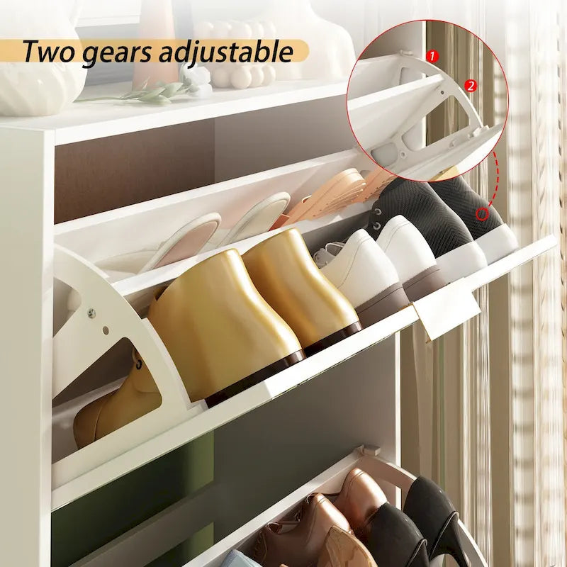 Meuble à chaussures étroit sur pied avec 3 tiroirs basculants à miroir