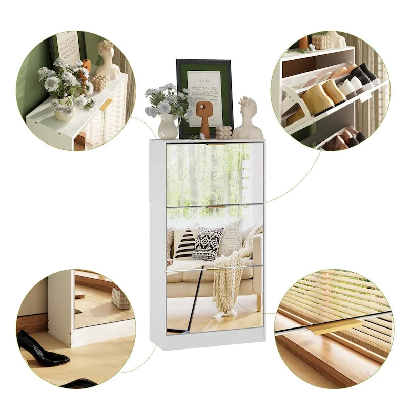 Meuble à chaussures étroit sur pied avec 3 tiroirs basculants à miroir