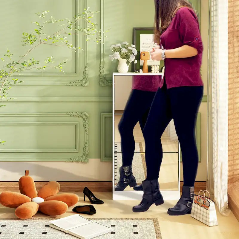 Meuble à chaussures étroit sur pied avec 3 tiroirs basculants à miroir