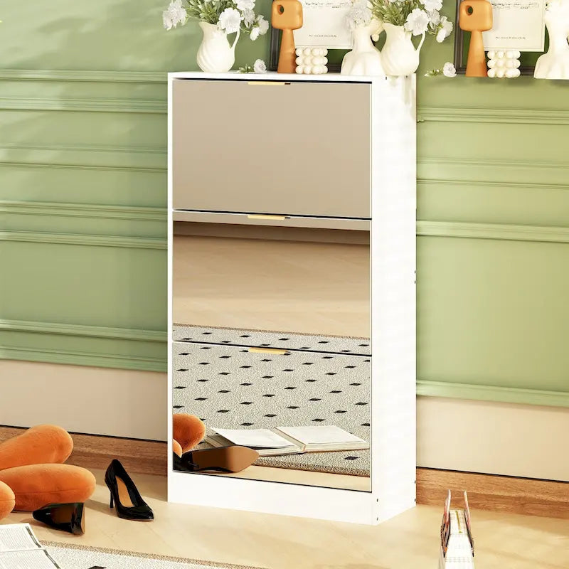 Meuble à chaussures étroit sur pied avec 3 tiroirs basculants à miroir