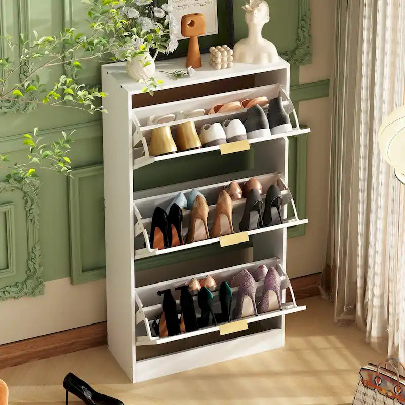 Meuble à chaussures étroit sur pied avec 3 tiroirs basculants à miroir