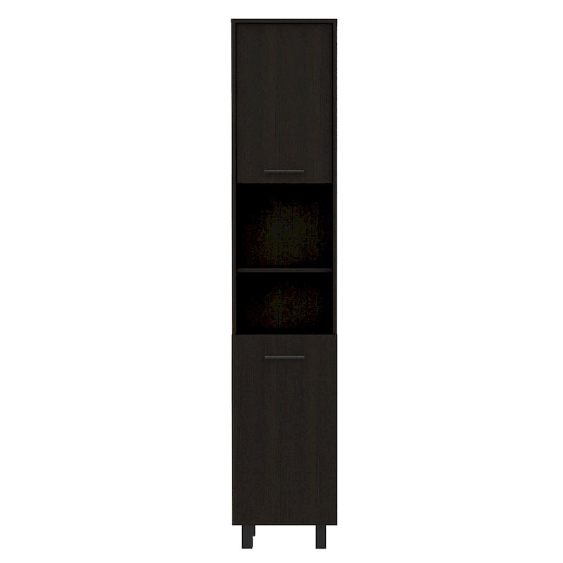Armoire de cuisine haute avec deux compartiments de rangement et étagères ouvertes