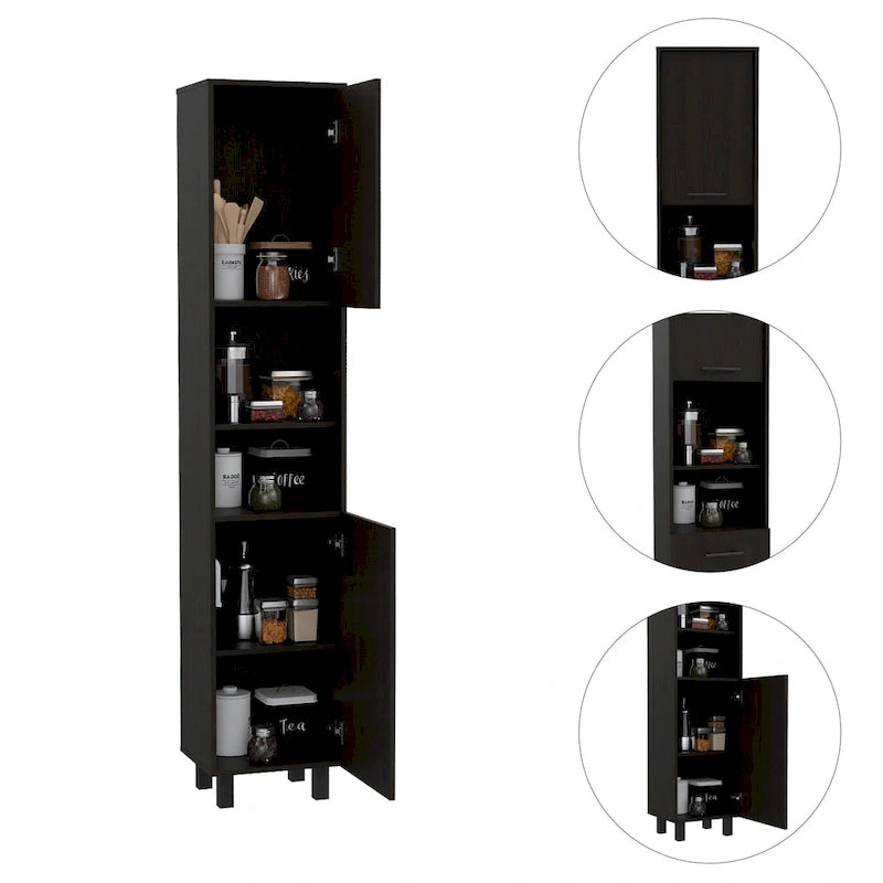 Armoire de cuisine haute avec deux compartiments de rangement et étagères ouvertes