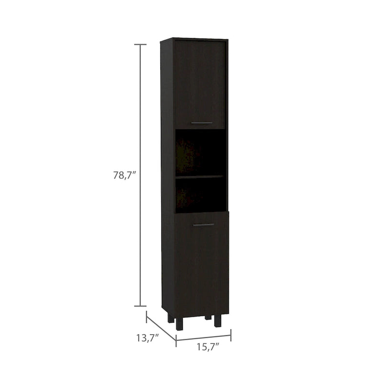 Armoire de cuisine haute avec deux compartiments de rangement et étagères ouvertes