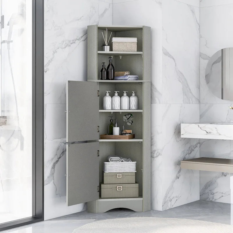 Meuble de rangement haut d'angle pour salle de bain avec étagères réglables