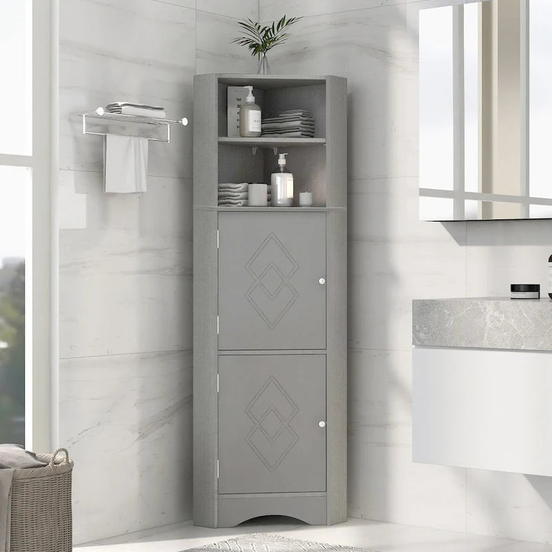 Meuble de rangement haut d'angle pour salle de bain avec étagères réglables