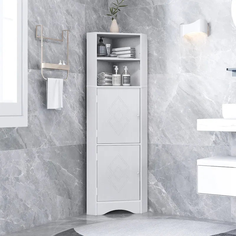 Meuble de rangement haut d'angle pour salle de bain avec étagères réglables