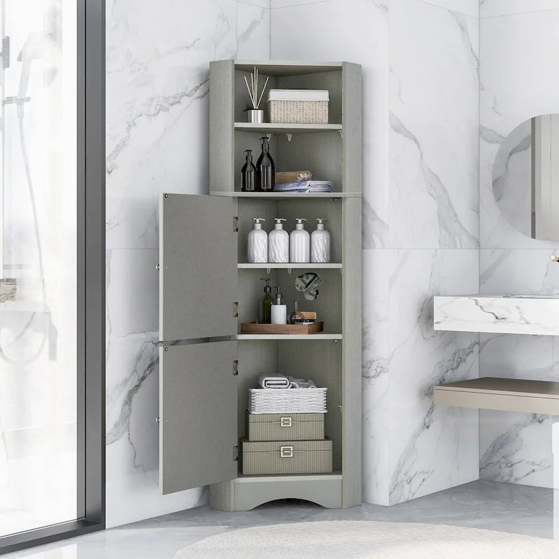 Meuble de rangement haut d'angle pour salle de bain avec étagères réglables