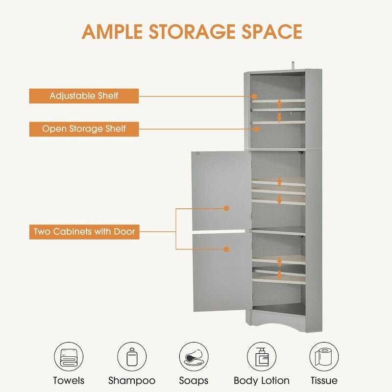 Meuble de rangement haut d'angle pour salle de bain avec étagères réglables