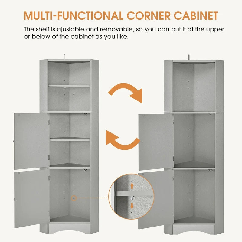 Meuble de rangement haut d'angle pour salle de bain avec étagères réglables