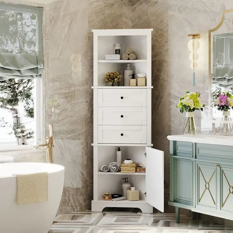 White Triangle Tall Cabinet with 3 Drawers and Adjustable Shelves for Bathroom, MDF Board with Painted Finish
