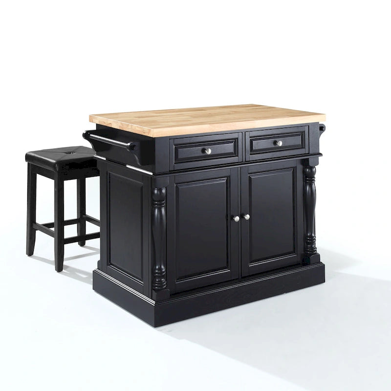 Îlot de cuisine en bois massif noir avec plan de travail et tabourets de bar - 47,75 pouces de large x 23 pouces de profondeur x 35,75 pouces de hauteur