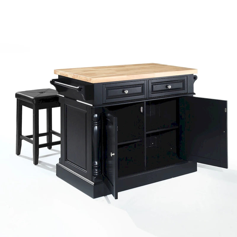 Îlot de cuisine en bois massif noir avec plan de travail et tabourets de bar - 47,75 pouces de large x 23 pouces de profondeur x 35,75 pouces de hauteur