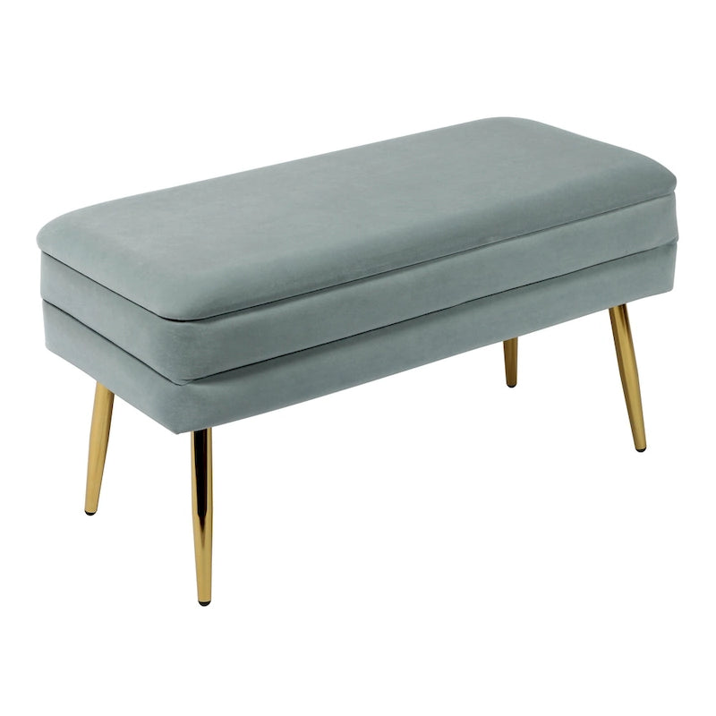 Banc de rangement en velours bleu mer avec pieds dorés
