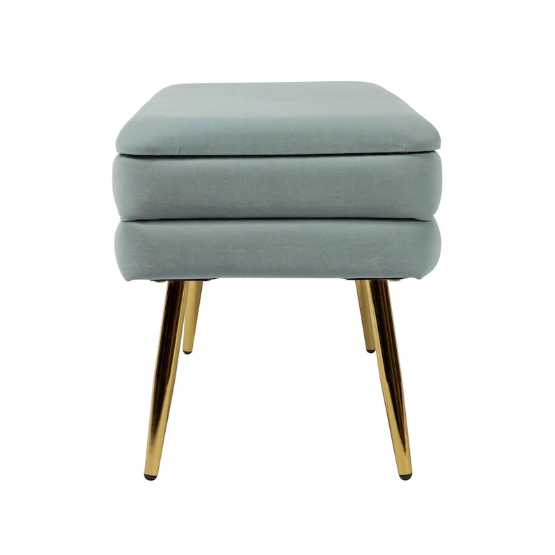 Banc de rangement en velours bleu mer avec pieds dorés