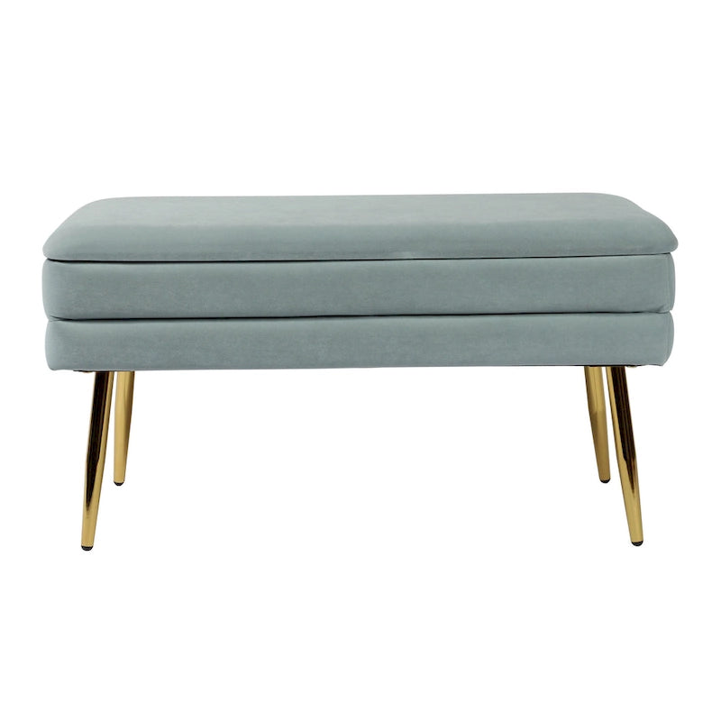 Banc de rangement en velours bleu mer avec pieds dorés