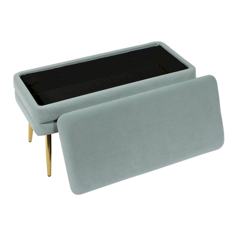 Banc de rangement en velours bleu mer avec pieds dorés