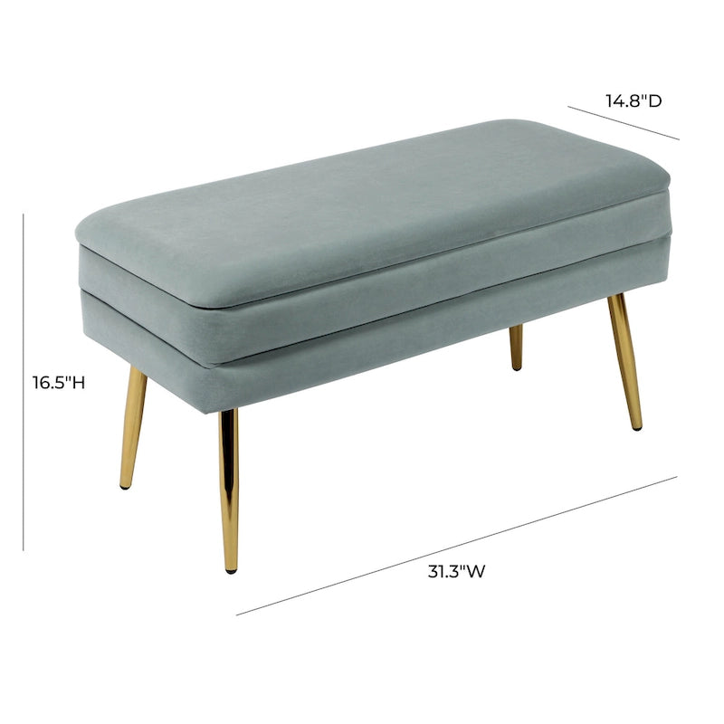 Banc de rangement en velours bleu mer avec pieds dorés