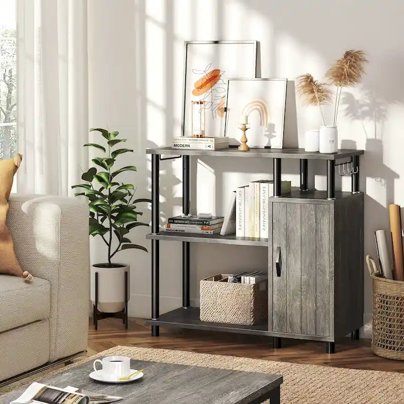 Meuble de cuisine de rangement à 4 niveaux avec étagère pour micro-ondes et crochets - 90 cm de largeur