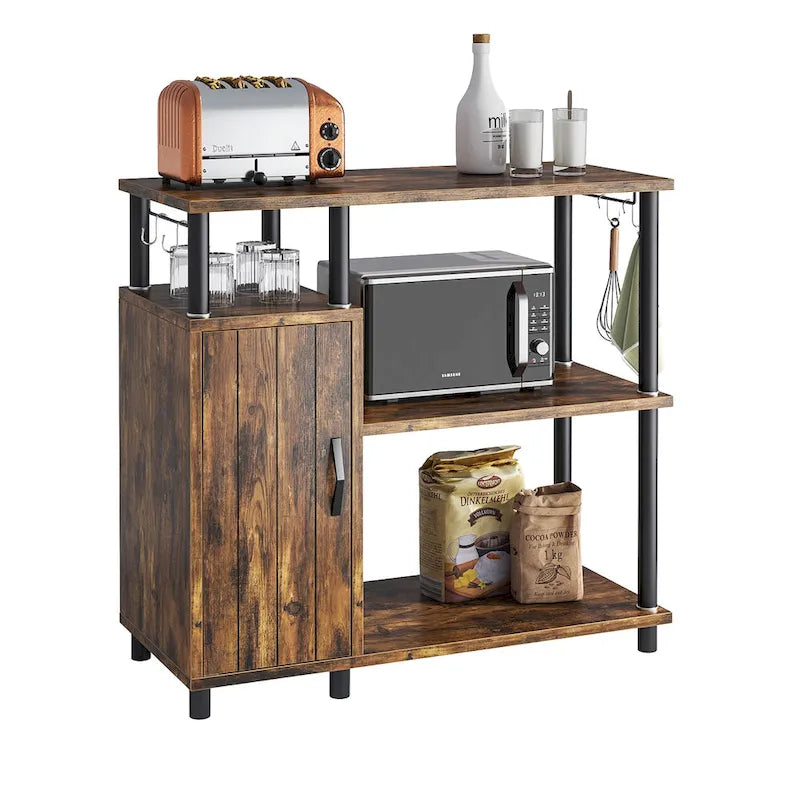 Meuble de cuisine de rangement à 4 niveaux avec étagère pour micro-ondes et crochets - 90 cm de largeur