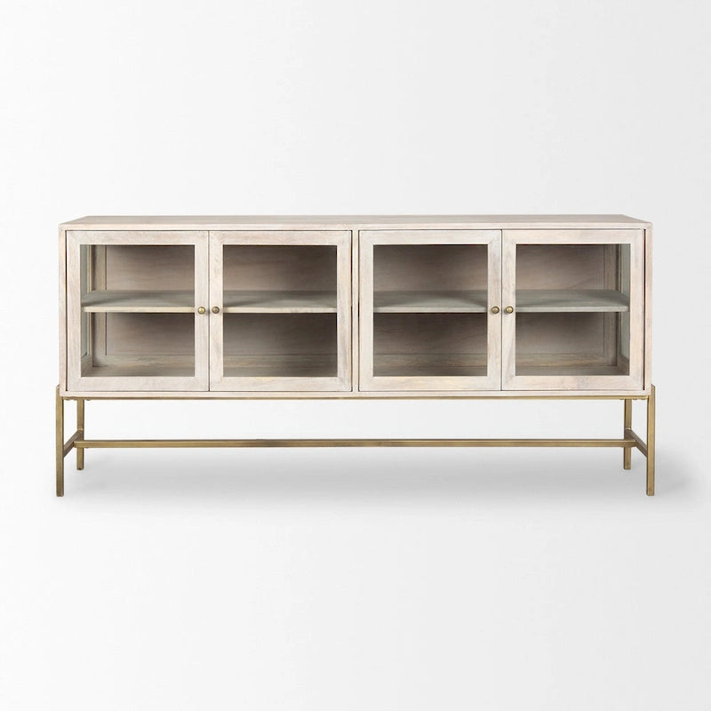 Buffet en bois de manguier blanchi avec portes vitrées et piètement en fer doré - 70 L x 32 H x 18,75 P