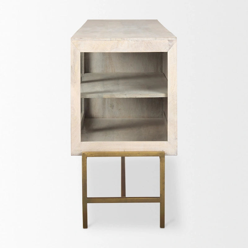 Buffet en bois de manguier blanchi avec portes vitrées et piètement en fer doré - 70 L x 32 H x 18,75 P