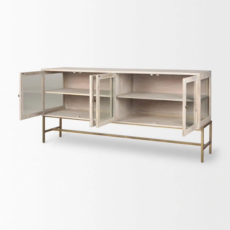 Buffet en bois de manguier blanchi avec portes vitrées et piètement en fer doré - 70 L x 32 H x 18,75 P