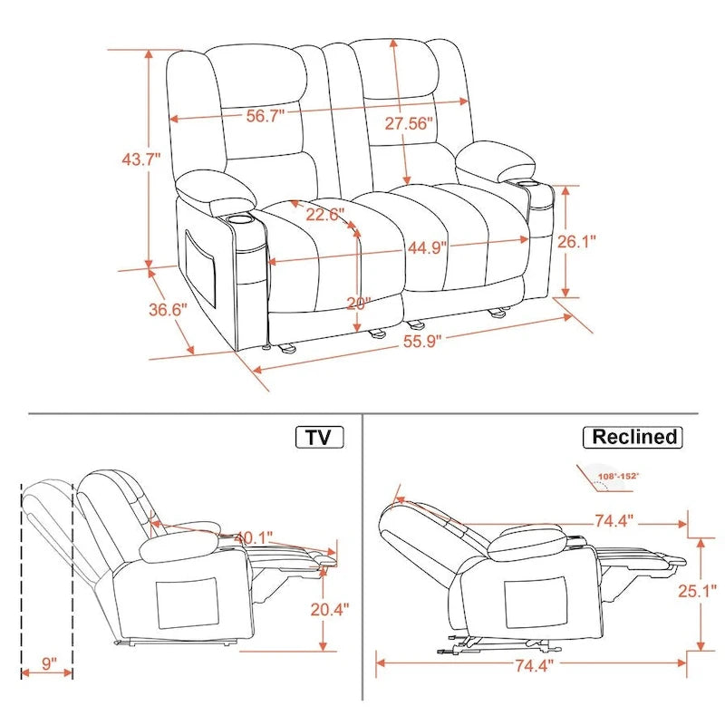 Causeuse inclinable électrique avec chauffage et massage, en tissu