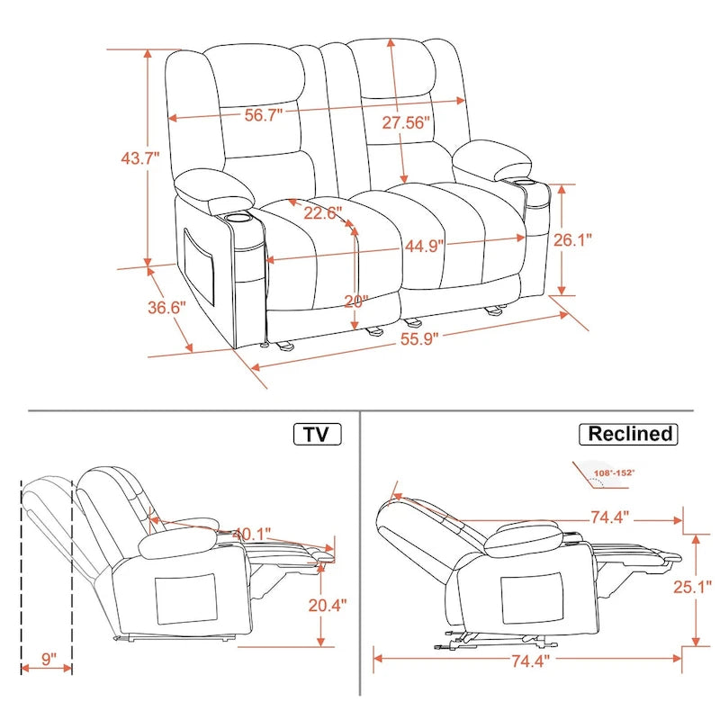 Causeuse inclinable électrique avec chauffage et massage, en tissu