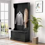 Meuble d'entrée 3-en-1 de 96,5 cm avec banc de rangement, porte-manteau à quatre crochets et rangement à chaussures, noir