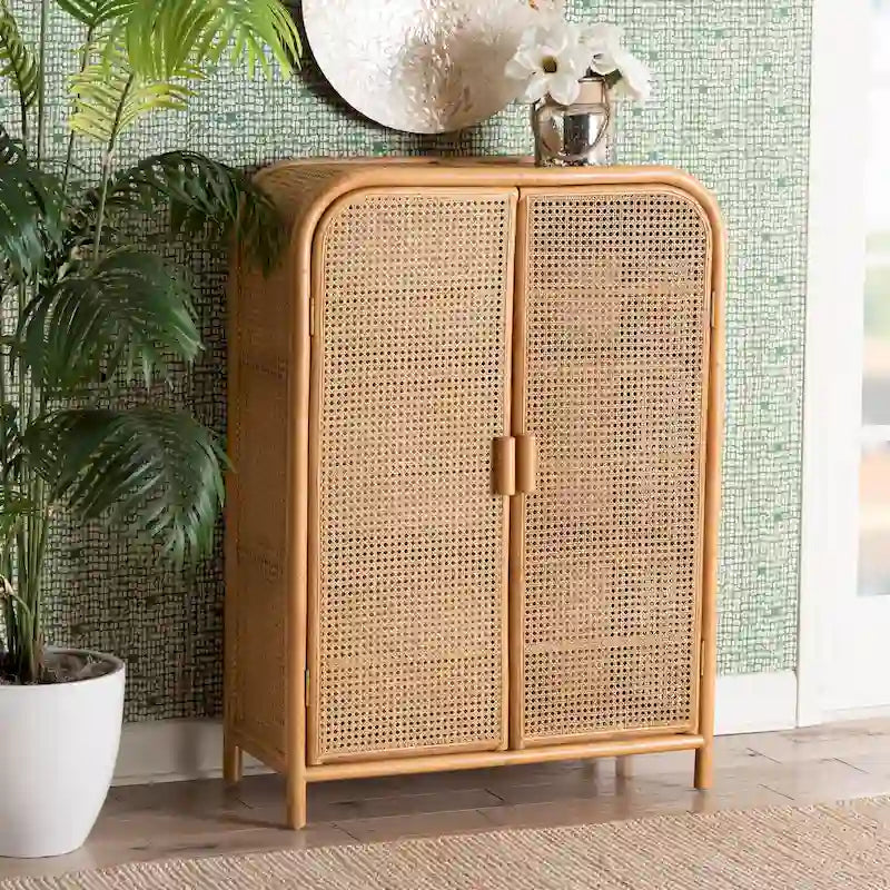 Armoire de rangement à 2 portes en rotin clair style bohème